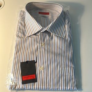 New Italian designer shirt. Dress shirt with blue and beige stripes. Hip